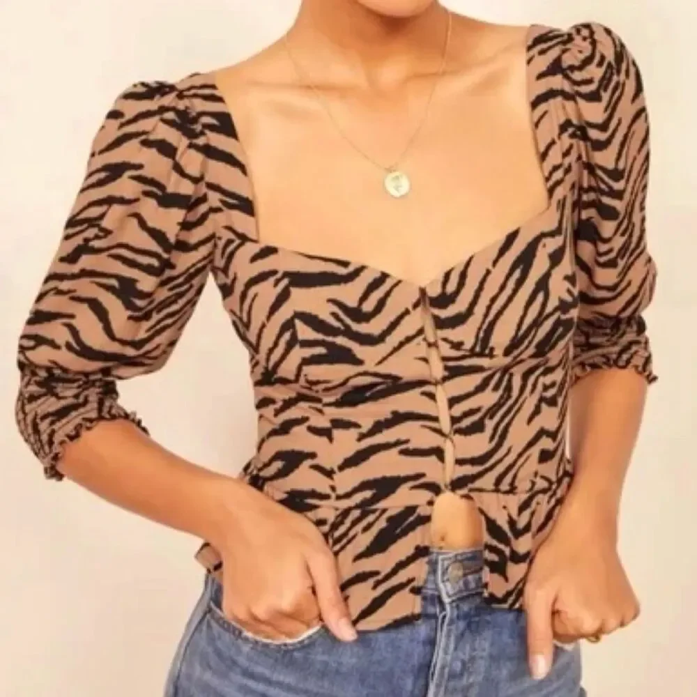 Reformation Dallas Rajah Tiger Animal Print Tan Black Corset Top Puff Sleeves 2
